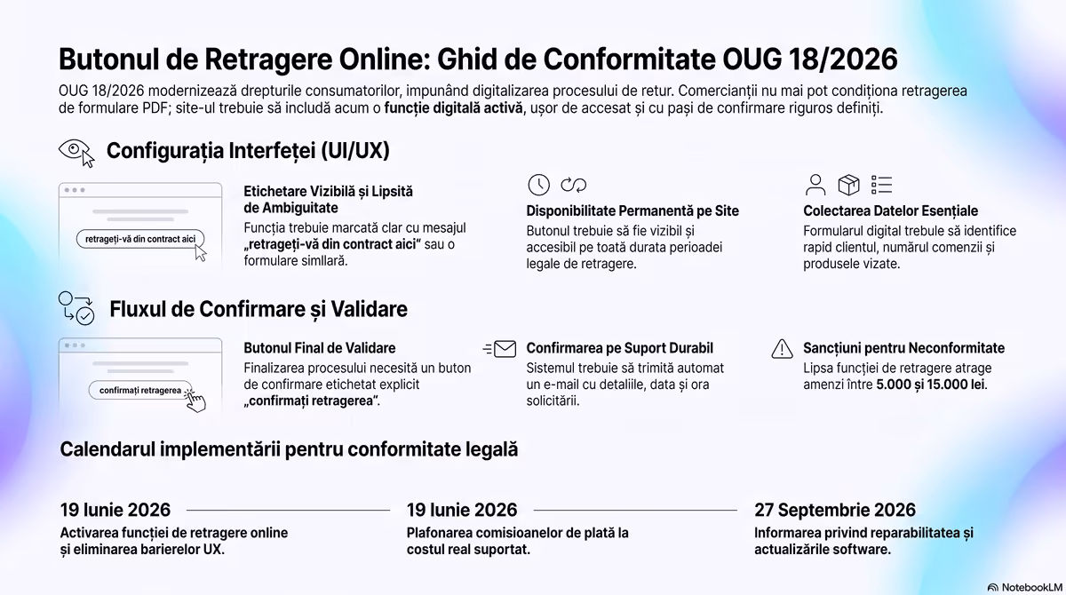 Elemente vizuale pentru verificarea conformității unei funcții de retragere online.