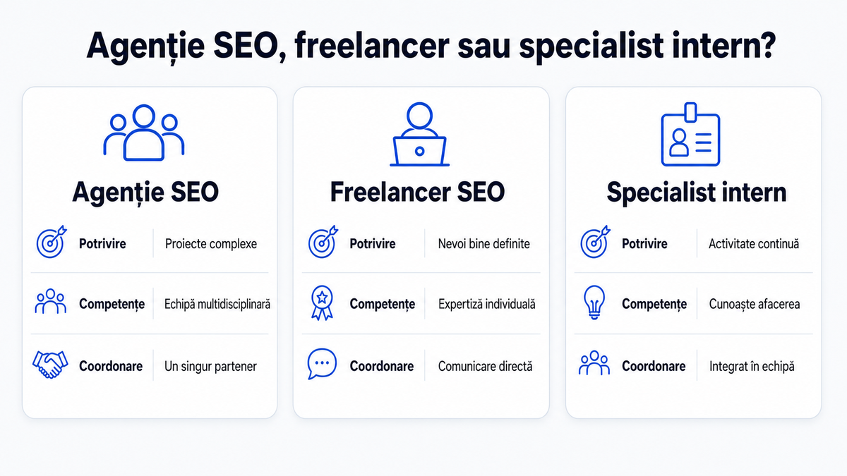 Comparație între agenție SEO, freelancer SEO și specialist SEO intern.