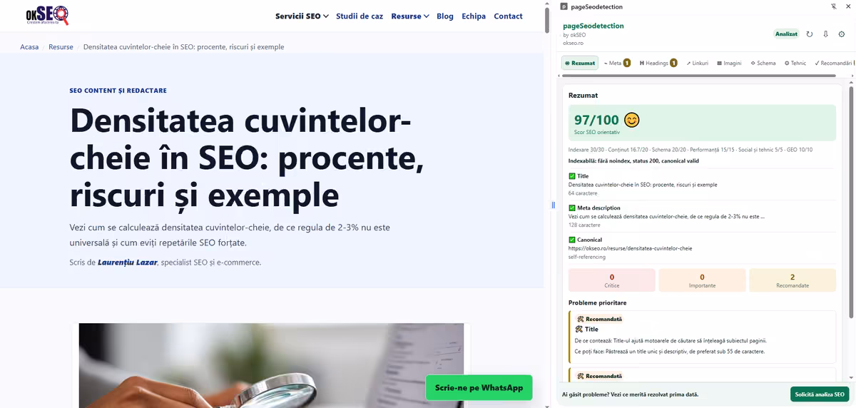 Analiză SEO a unei pagini cu title, H1, imagini și linkuri verificate.