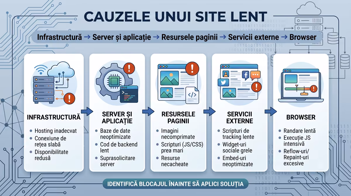 Cauzele încărcării lente grupate după server, aplicație și resurse externe