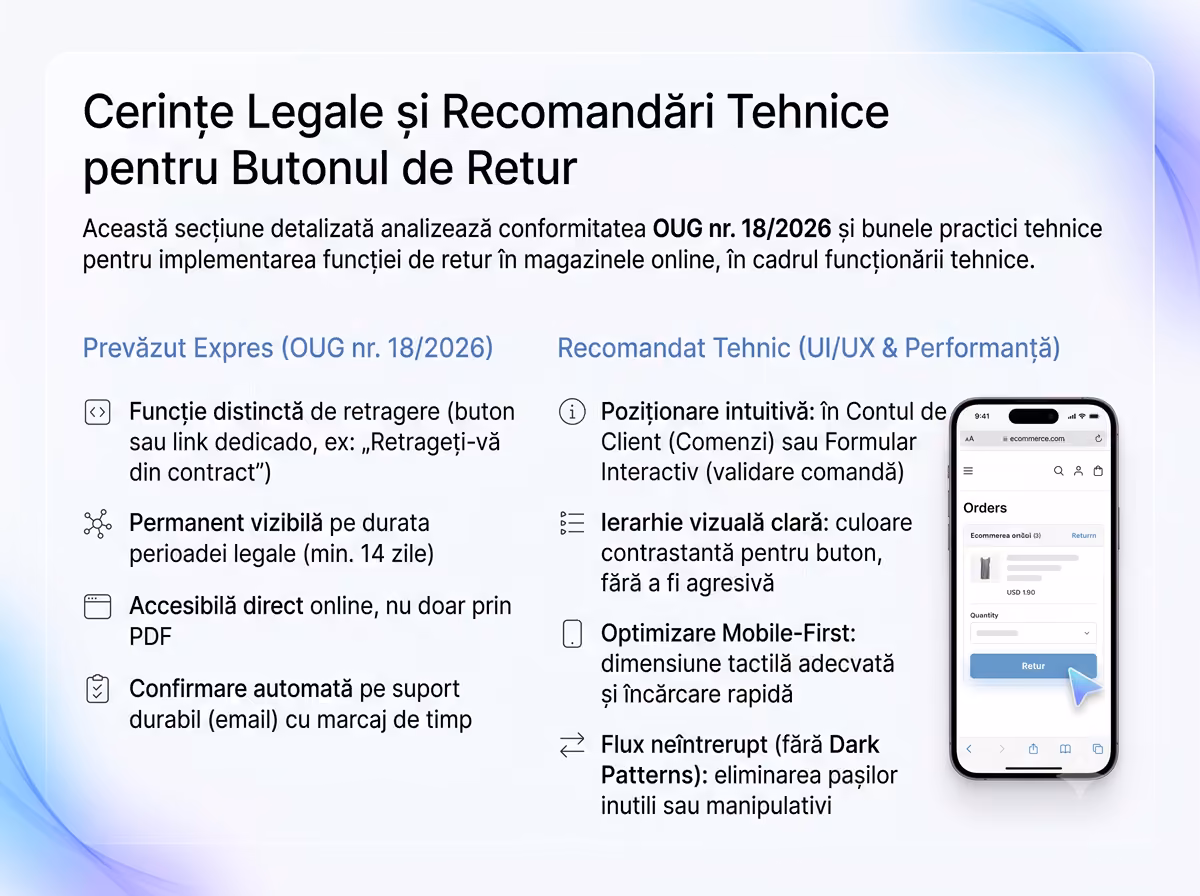 Comparație între cerințele legale ale funcției de retragere și recomandările tehnice pentru implementare.