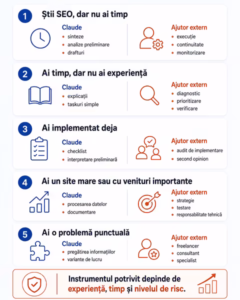 Tabel de decizie pentru alegerea între Claude, consultant și agenție SEO