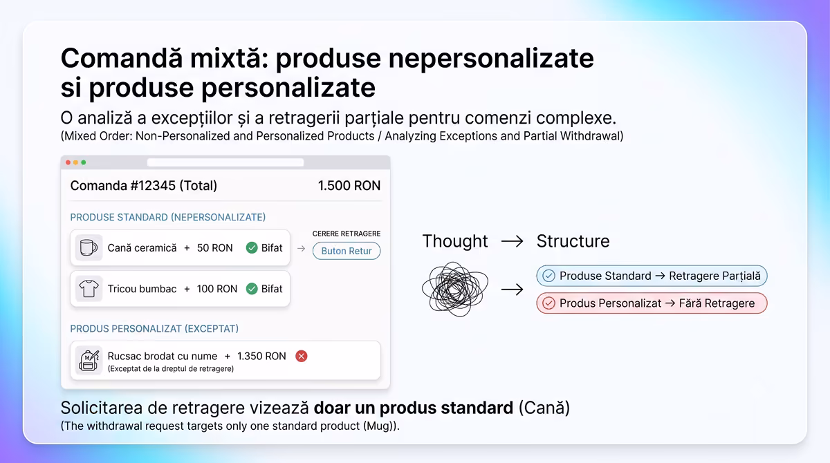 Exemplu de comandă mixtă cu produse standard și personalizate și o solicitare privind o parte a comenzii.