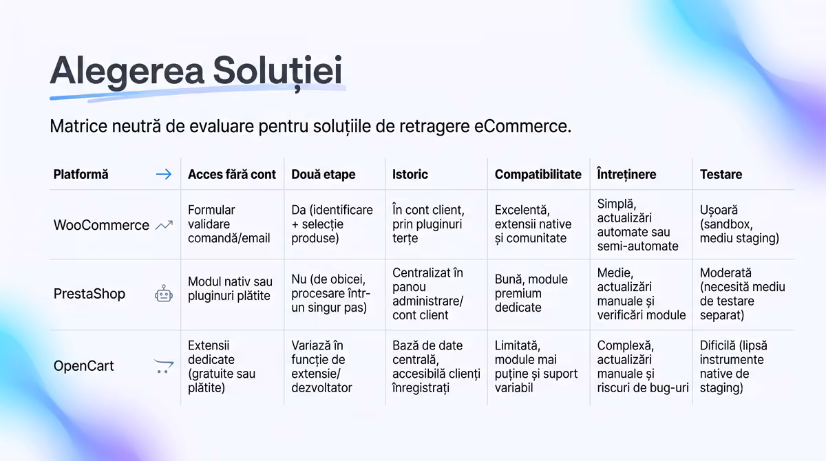 Criterii de comparare a soluțiilor de retragere pentru WooCommerce, PrestaShop și OpenCart.