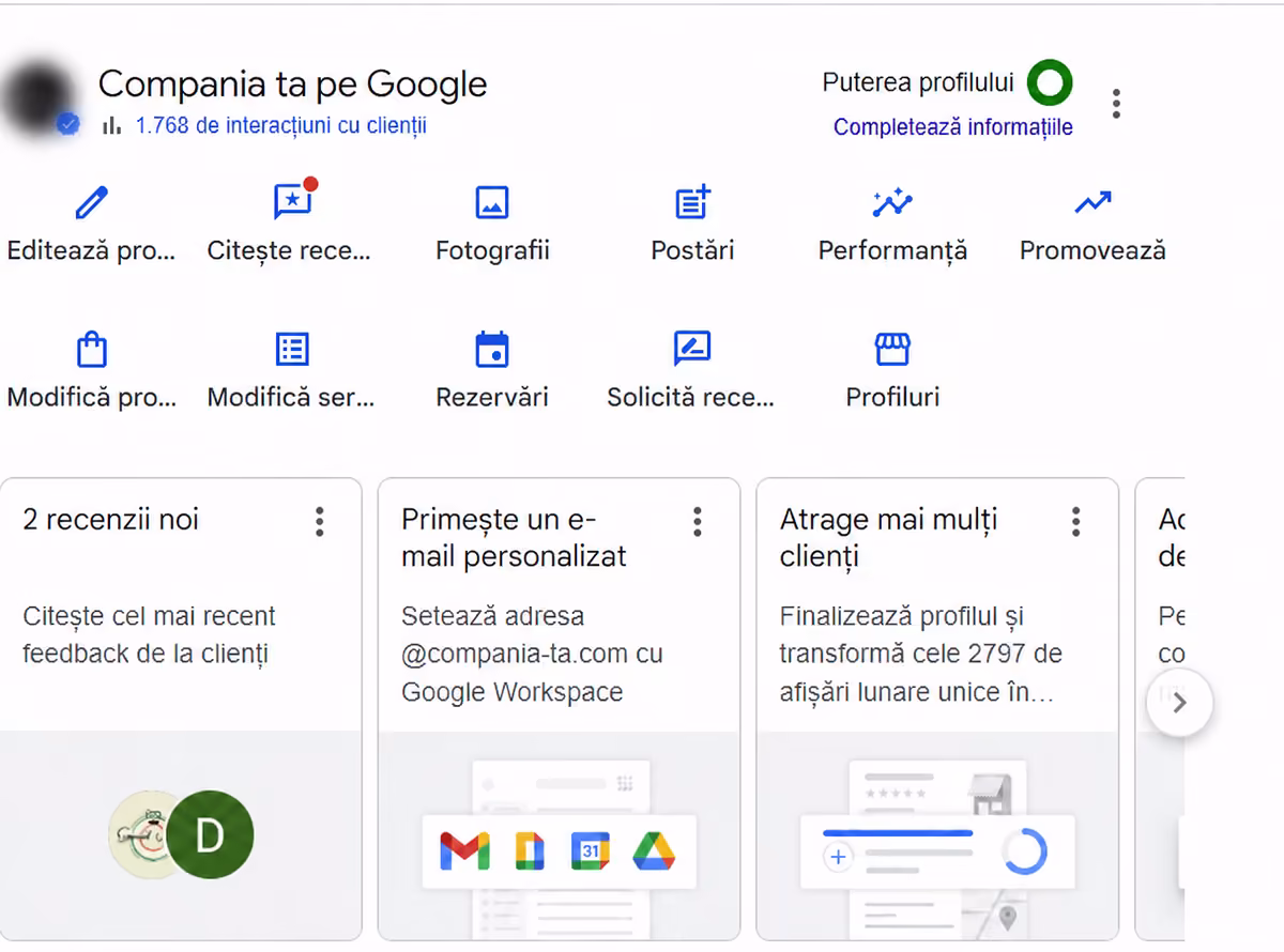 Captură anonimizată a zonei Editează profilul și Informații colectate din Google Business Profile