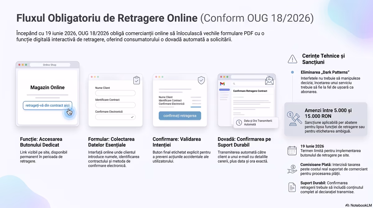 Fluxul funcției de retragere dintr-un magazin online, de la formular la confirmarea transmisă consumatorului.