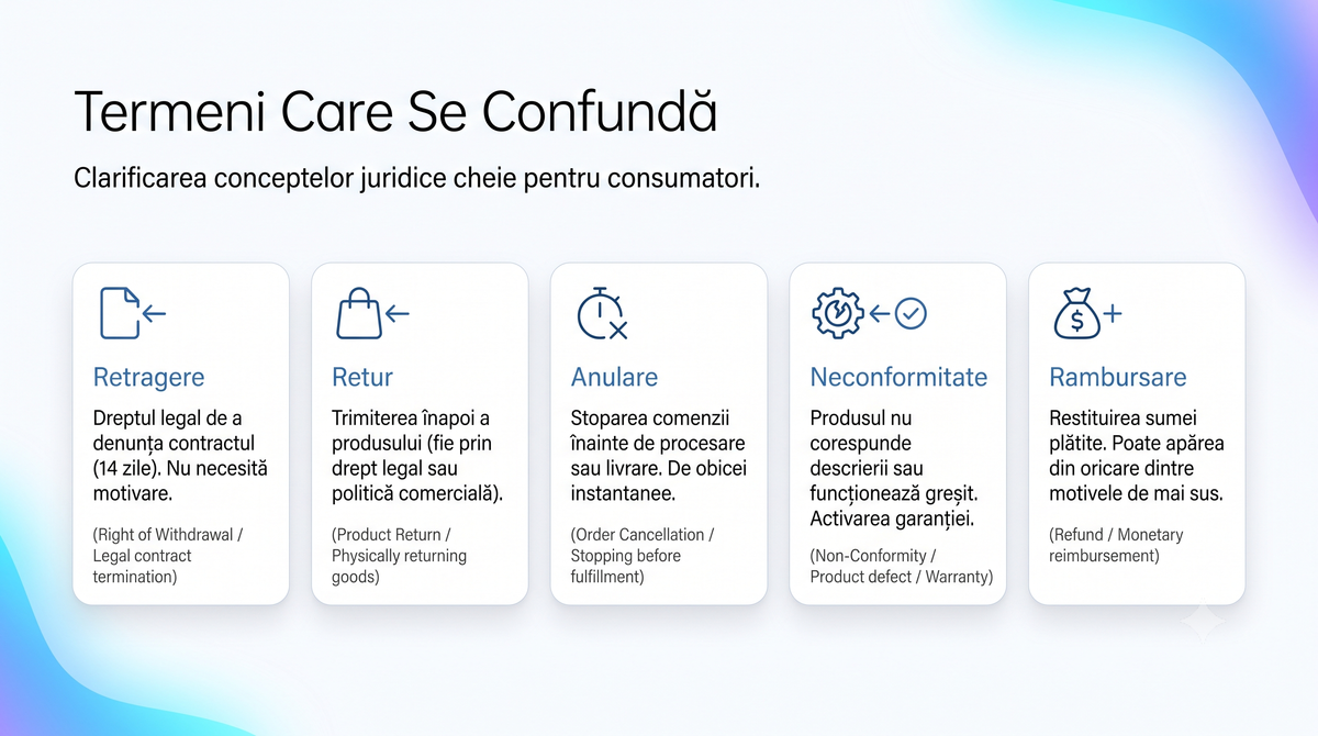Diferențele dintre retragere, retur, anulare, neconformitate și rambursare.