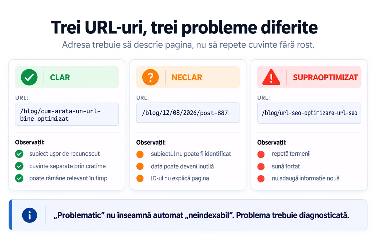 Comparație între un URL clar, unul neclar și unul supraoptimizat