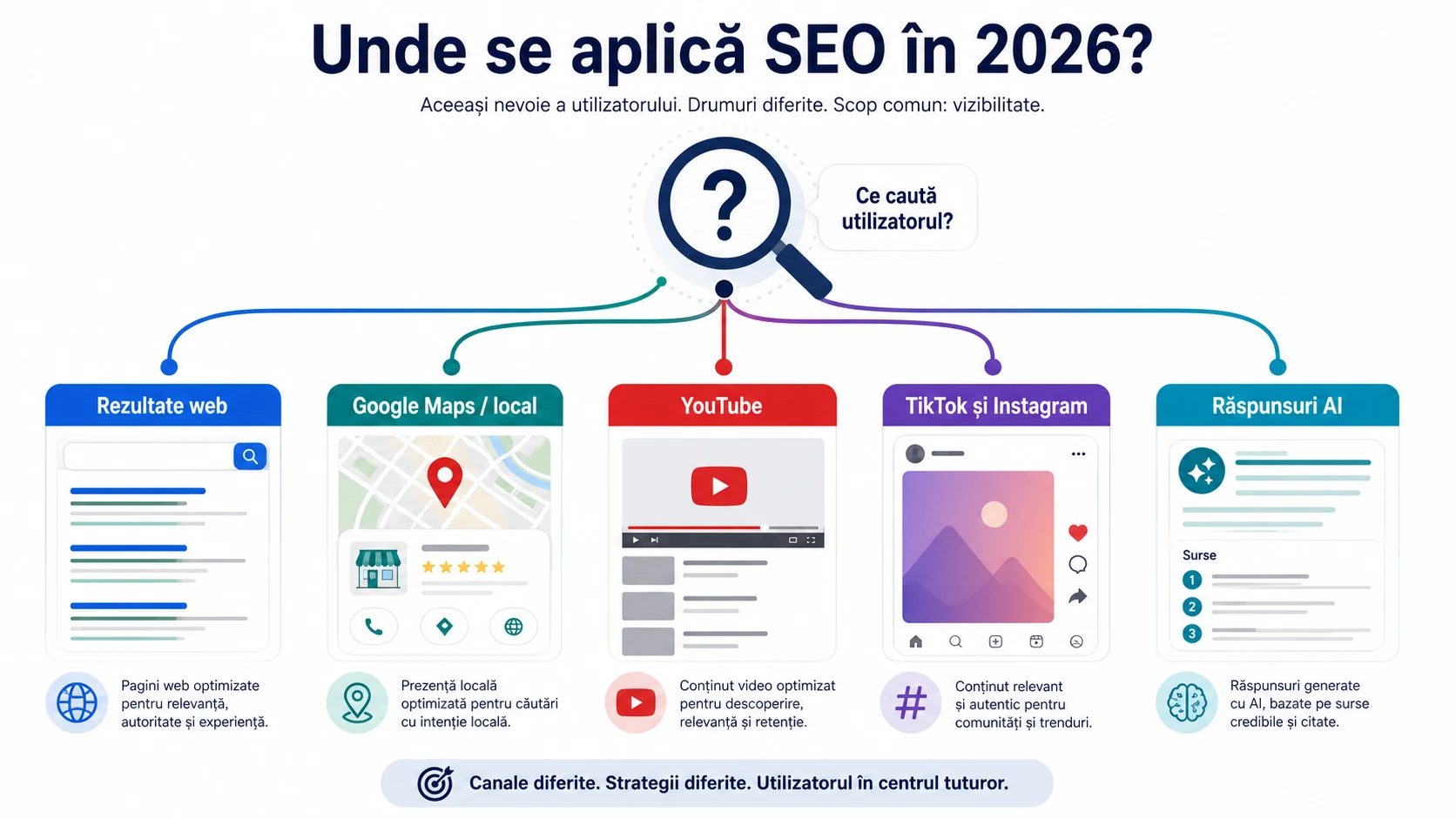 Unde se aplică SEO în Google, YouTube, TikTok, hărți și răspunsuri AI
