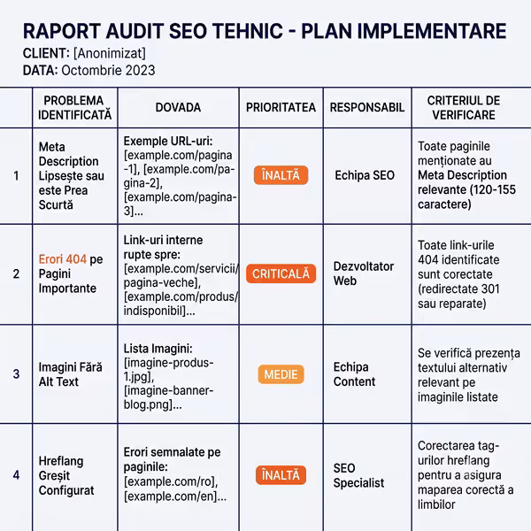 Plan de implementare pentru recomandările dintr-un audit SEO
