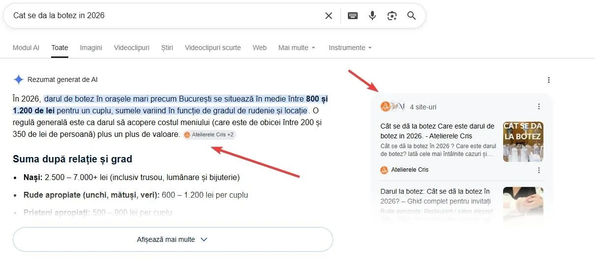 Pagină Atelierele Cris citată ca sursă într-un AI Overview Google