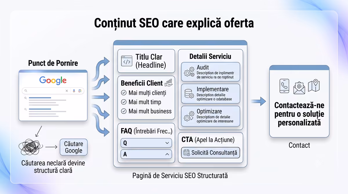 Structură de pagină pentru conținut SEO care explică oferta