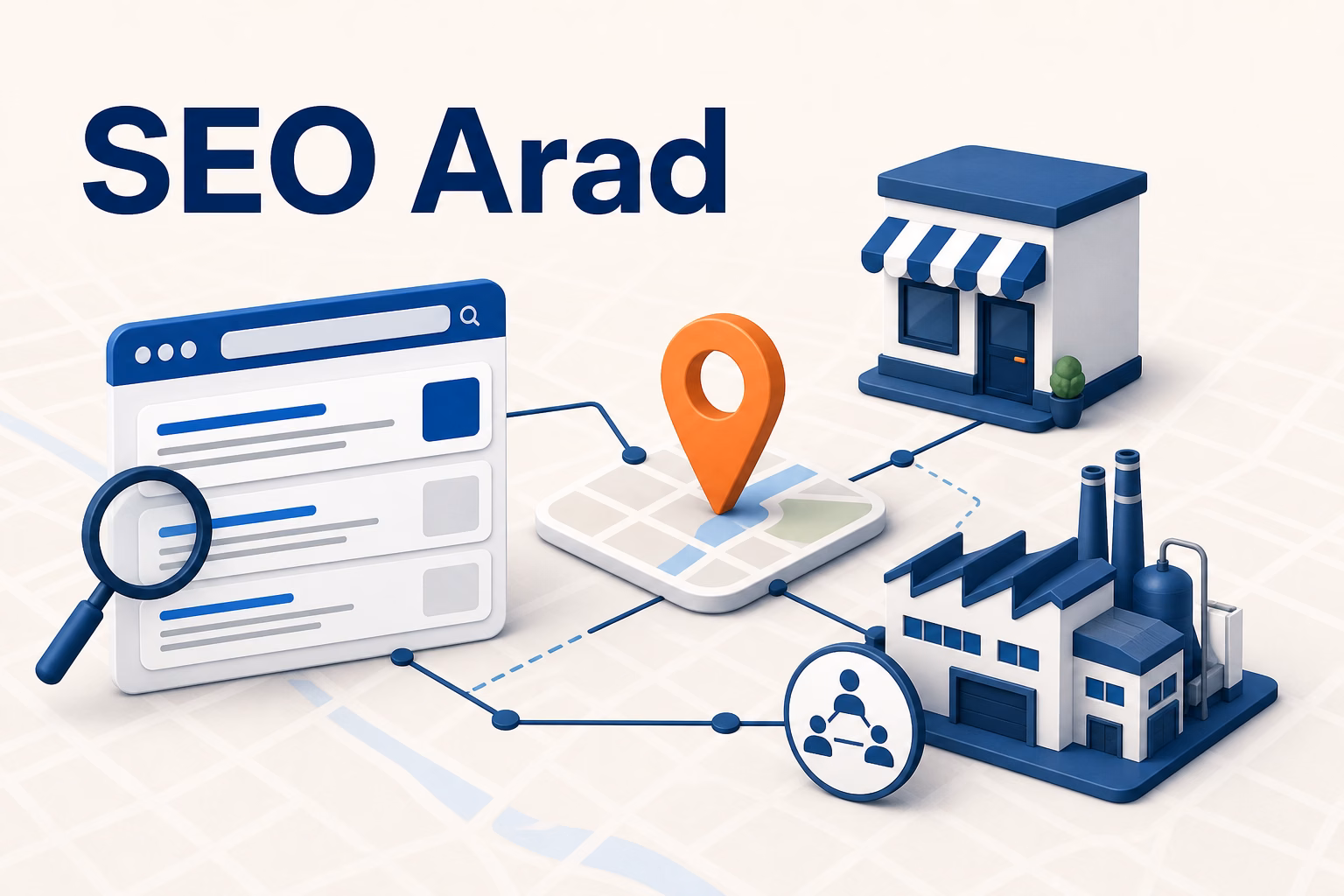 Ilustrație despre SEO Arad care conectează rezultatele organice, căutările locale și cererile B2B