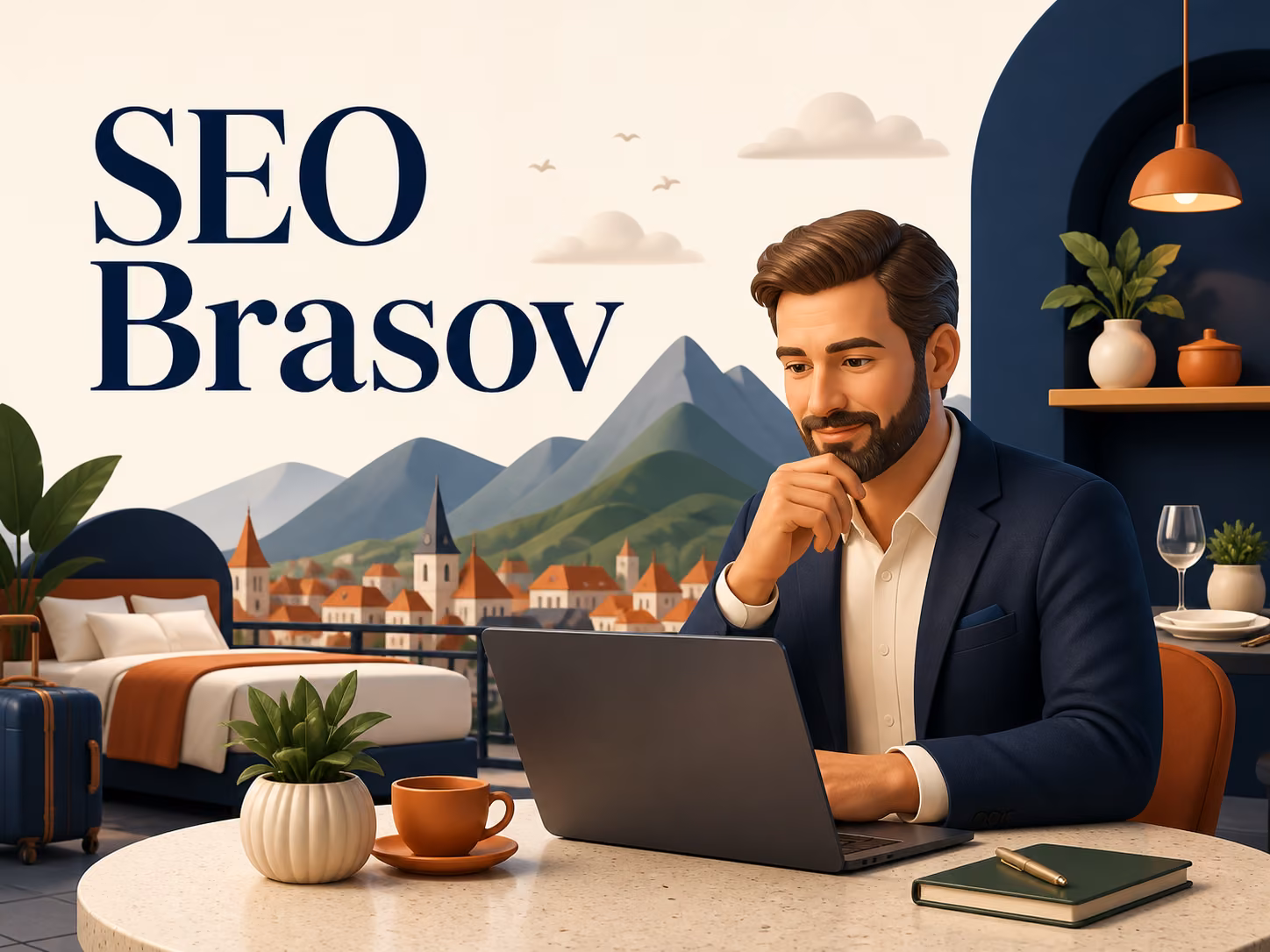 Ilustrație informativă SEO Brasov despre planificarea vizibilității pentru ospitalitate și afaceri locale